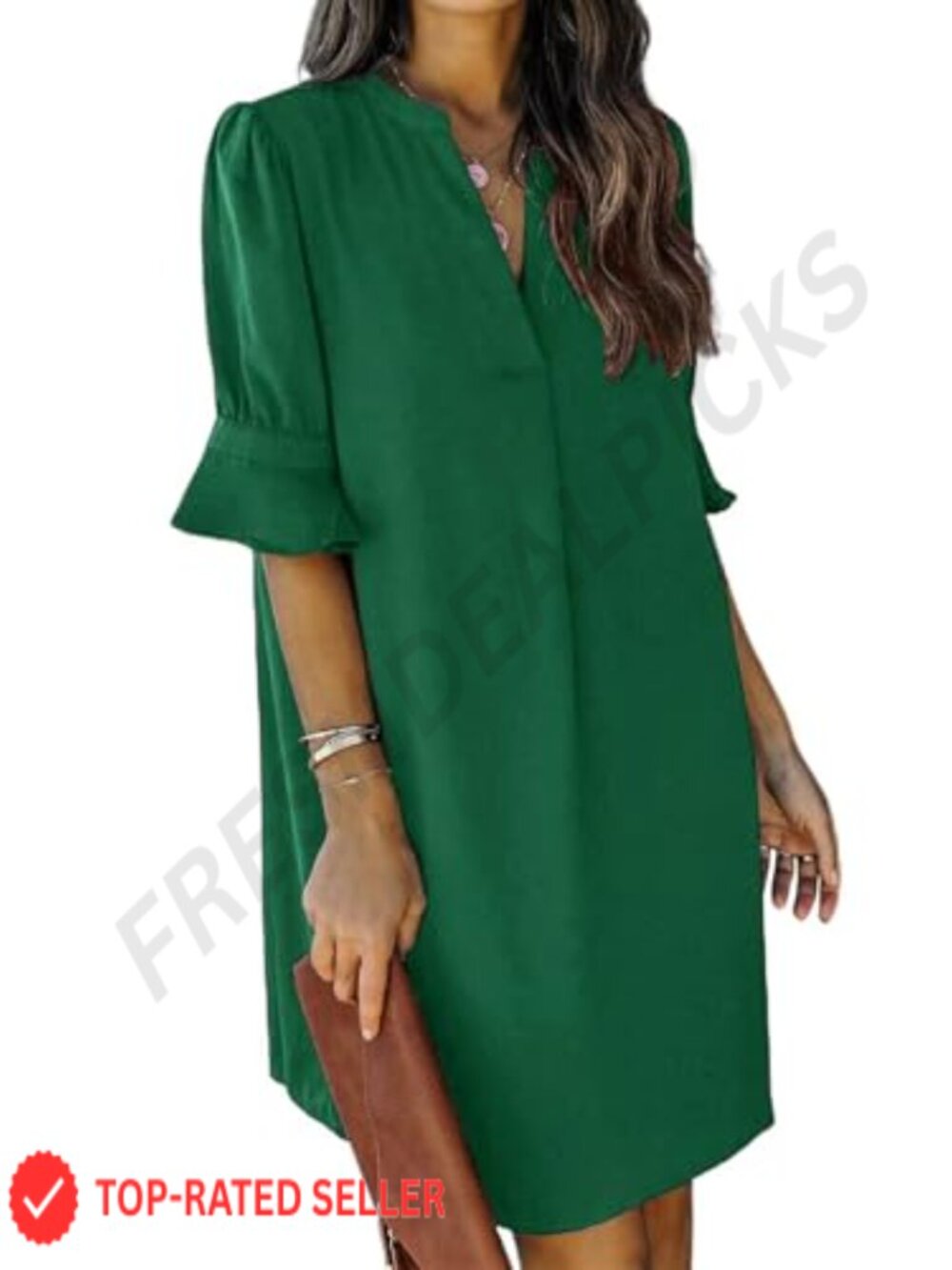 Women's Ruffle Short Sleeve V-Neck Shift Dress Flowy Midi Casual Summer